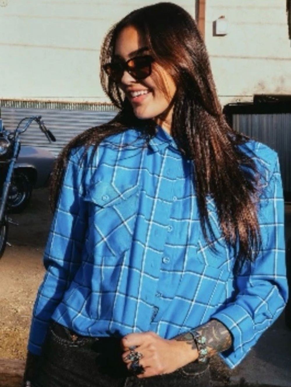 NWT New DIXXON Brentwood Cropped Womens XL Blue Plaid Flannel Button-Up Shirt